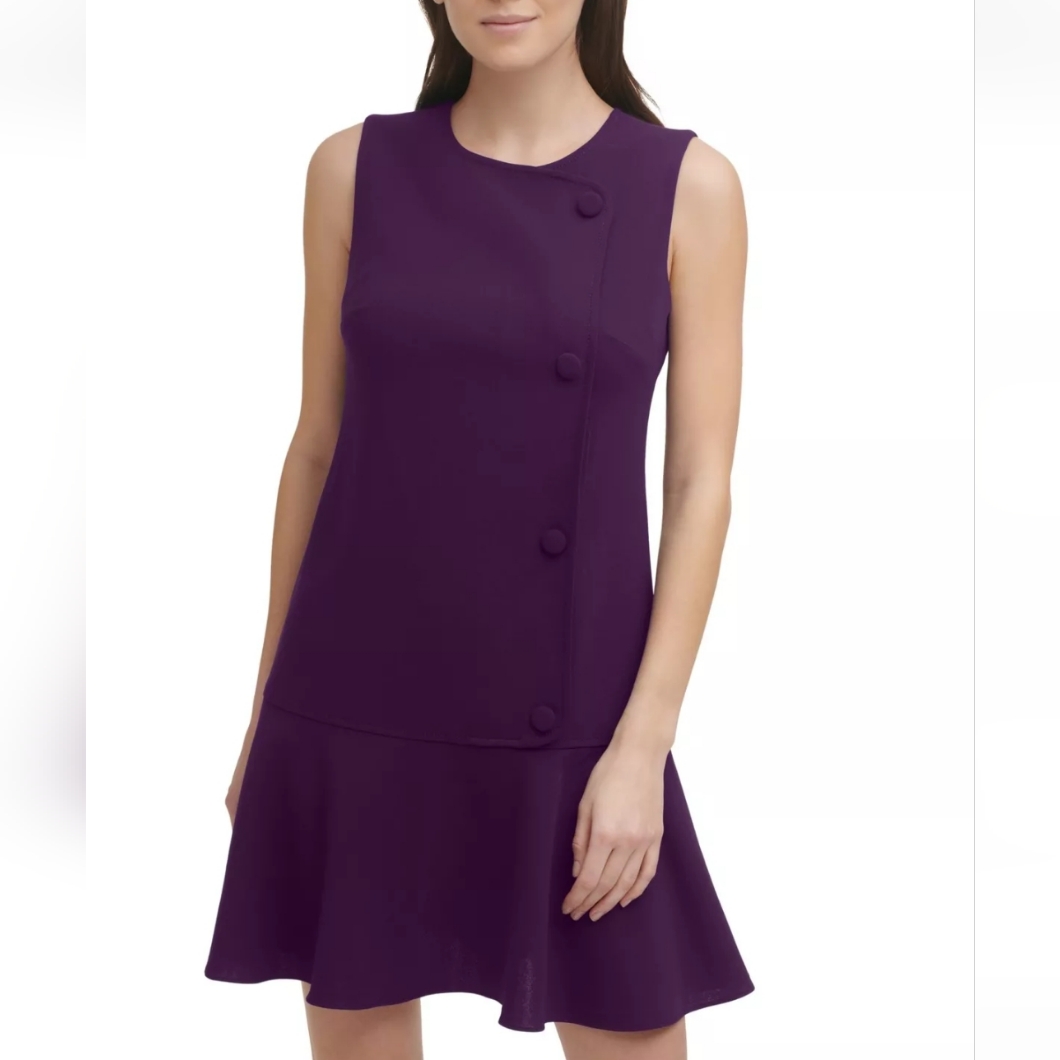 Dkny Purple Sleeveless Button Detail Drop Waist Flare Dress Size 14 Nwt